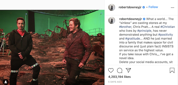 Robert  Downey Jr defiende a Chris Pratt