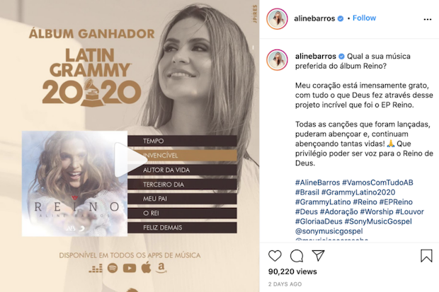 Aline Barros agradece al recibir Grammy Latino 2020