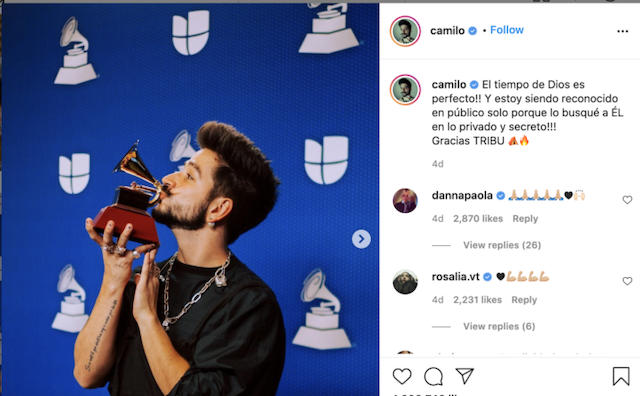 Camilo agradece a Dios por premio Grammy