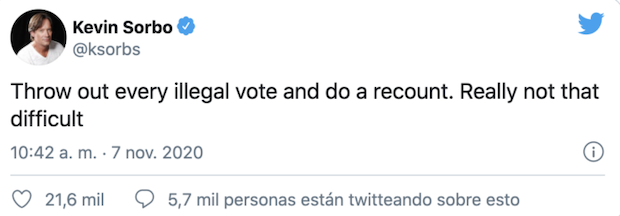 Comentario de Kevin Sorbo en Twitter sobre Donald Trump y las elecciones de Estados Unidos