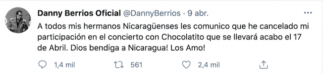 Danny Berrios cancela su participación en concierto de Chocolatito