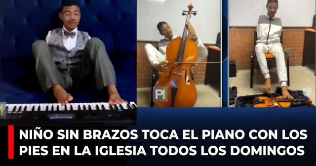 Niño sin brazos toca el piano con los pies en la iglesia todos los domingos